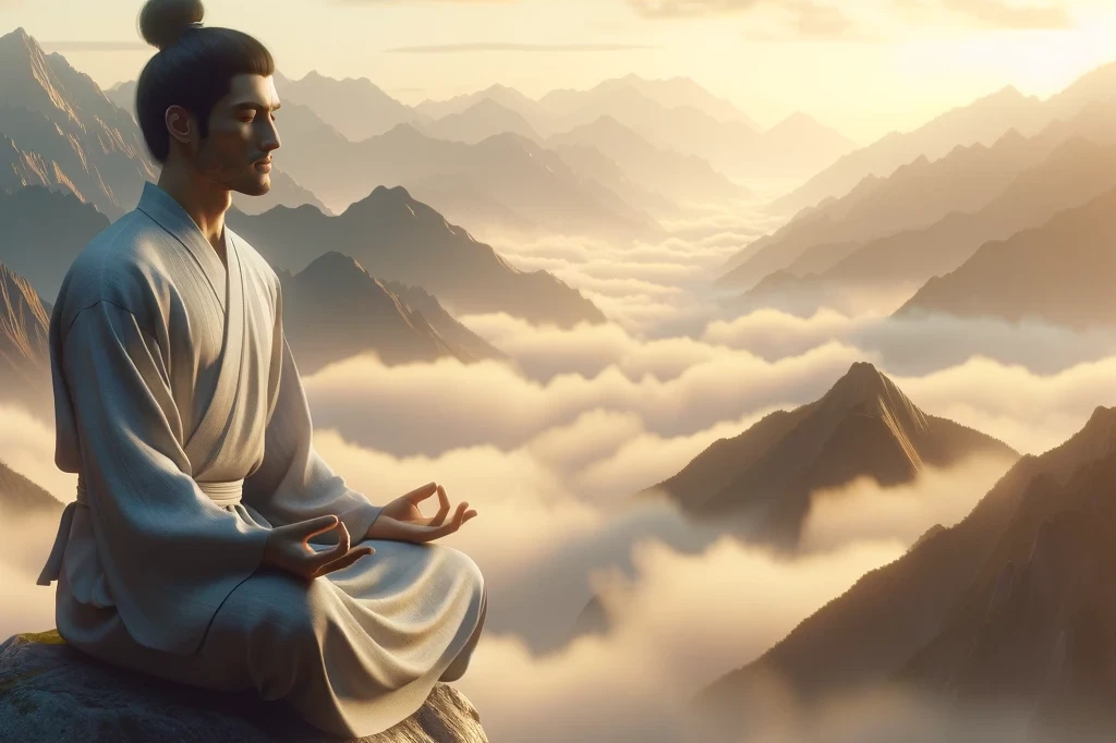 Il guerriero spirituale medita all'alba su una vetta montuosa, simbolo di accettazione e apertura alle incertezze della vita