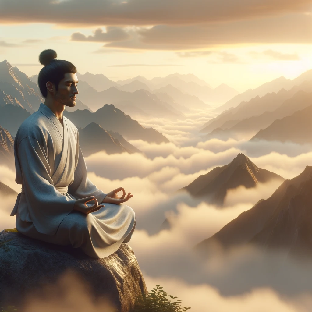 Il guerriero spirituale medita all'alba su una vetta montuosa, simbolo di accettazione e apertura alle incertezze della vita