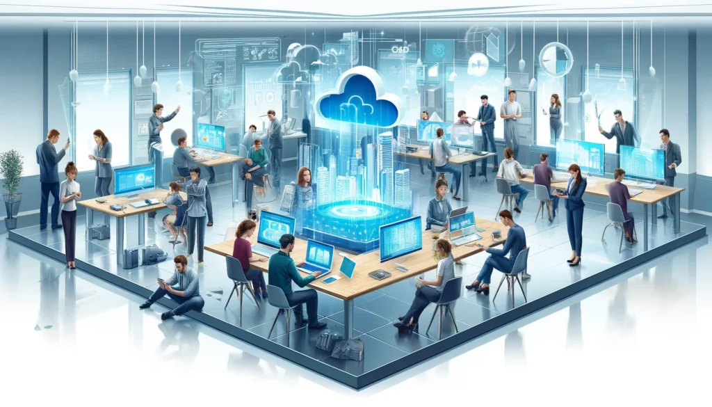 gruppo diversificato di persone in un ambiente d'ufficio futuristico, impegnate con la tecnologia del cloud computing.
